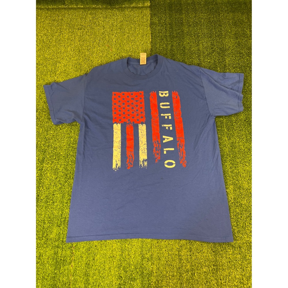 Buffalo Bills American Flag Graphic T-Shirt Mens Blue Gildan Short Sleeve Tee LG